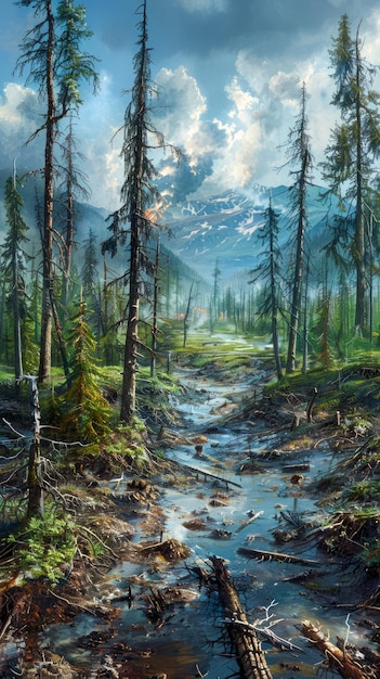 Majestic Mountain Landscape with Forest Stream and Dynamic Skyscape in Oil Painting Style