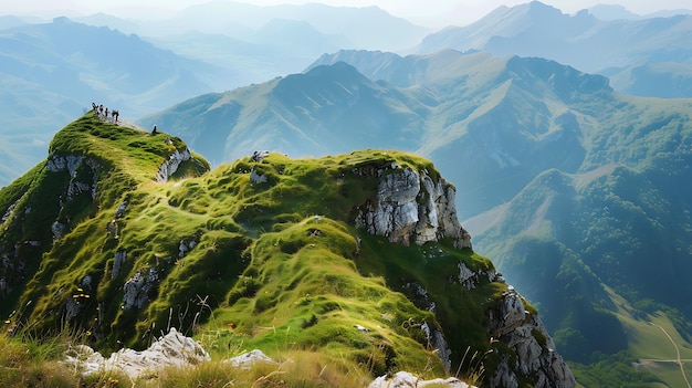 Majestic Mountain Landscape with Hikers on Green Peaks