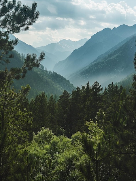 Photo majestic mountain landscape with lush forest and misty valleys