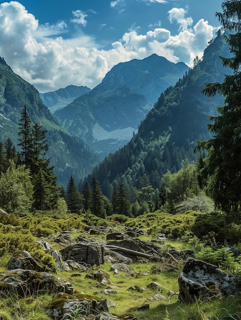 Majestic Mountain Landscape with Lush Greenery and Dramatic Skies