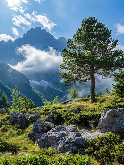 Photo majestic mountain landscape with pine tree and dramatic sky