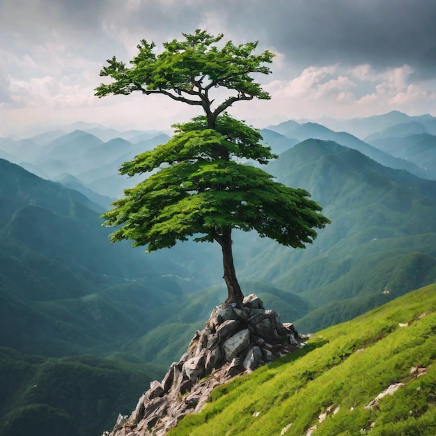 Majestic Mountain Peak crowned with Towering Tree