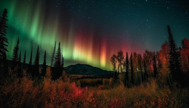 Majestic mountain peak illuminated by star trail generated by AI