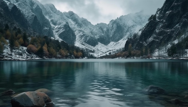 Majestic mountain peak reflected on tranquil water generated by AI