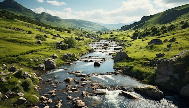 Majestic mountain peak reflects in tranquil flowing water surrounded by green forest generated by artificial intelligence