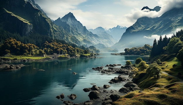 Majestic mountain peak reflects in tranquil pond showcasing natural beauty generated by artificial intelligence