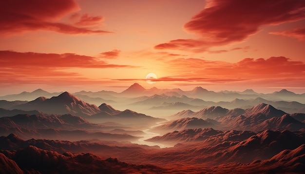 Majestic mountain peak silhouettes against orange sky at sunset generated by AI