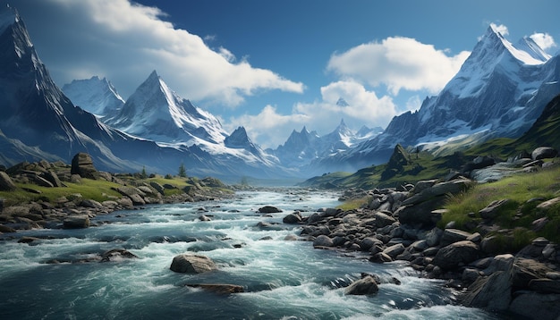 Majestic mountain peak snow capped overlooking tranquil meadow and flowing water generated by artificial intelligence