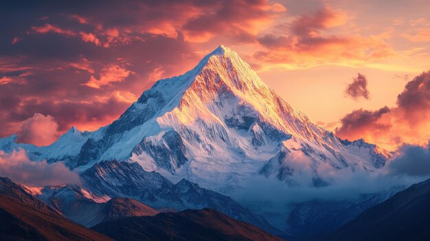 Photo majestic mountain peak at sunset in glowing colors