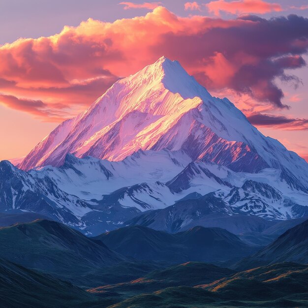 Photo majestic mountain peak at sunset in glowing colors