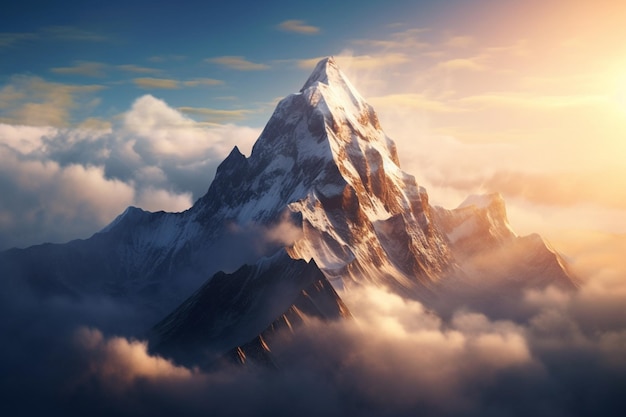 A majestic mountain peak towering above the clouds