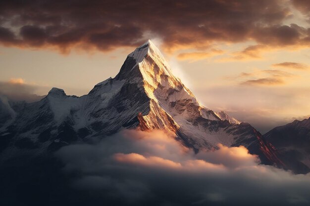 A majestic mountain peak towering above the clouds