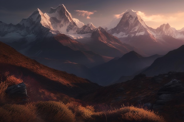 Majestic mountain peaks at foggy sunrise Generative AI