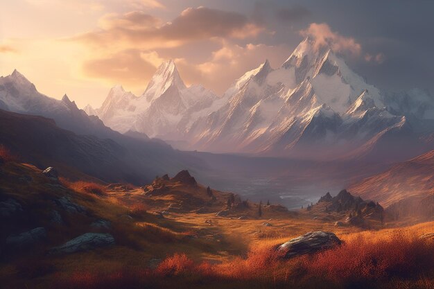 Majestic mountain peaks at foggy sunrise Generative AI