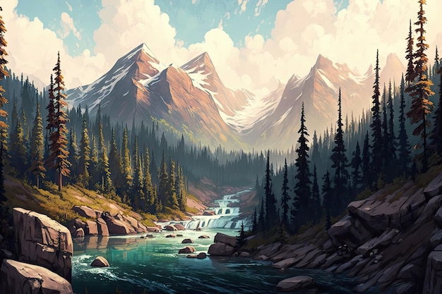 Majestic mountain range in the distance with forest and river below