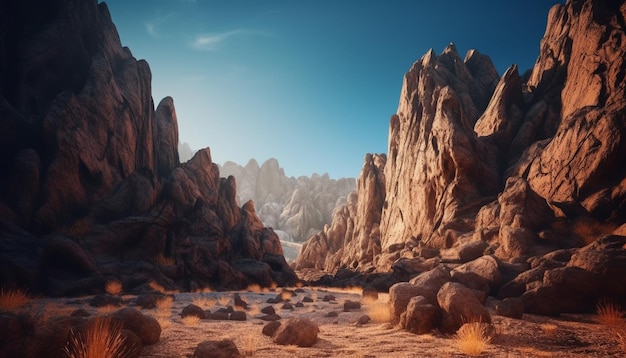 Majestic mountain range eroded rock formation tranquil scene generated by AI