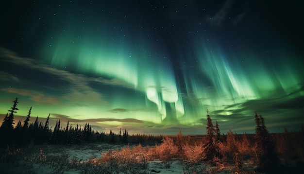 The majestic mountain range illuminated by the aurora polaris generated by AI