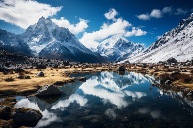 a majestic mountain range reflected in a tranquil pond capturing the breathtaking beauty of nature