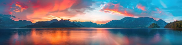 Photo majestic mountain range reflecting on a calm lake at sunset