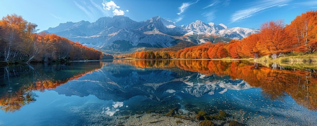 Majestic mountain range reflecting in a crystalclear lake