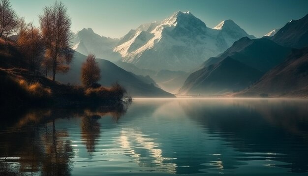 Majestic mountain range reflects tranquil autumn landscape generated by AI