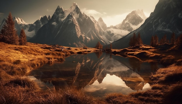 Majestic mountain range reflects tranquil sun beauty generated by AI