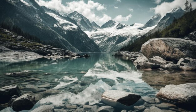 Majestic mountain range reflects in tranquil water frozen beauty generated by artificial intelligence