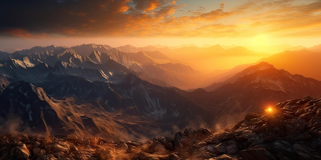 Photo majestic mountain range at sunrise with glowing sunrays