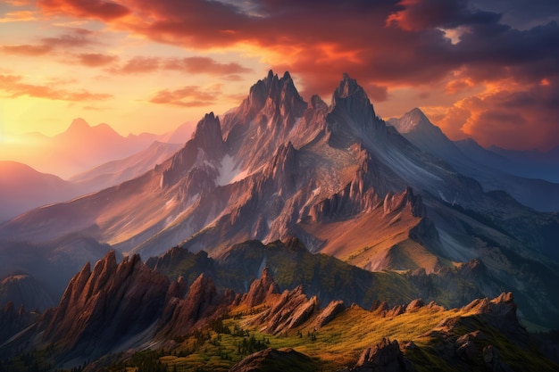 Majestic mountain range at sunset casting vibrant hues across the horizon ai generated