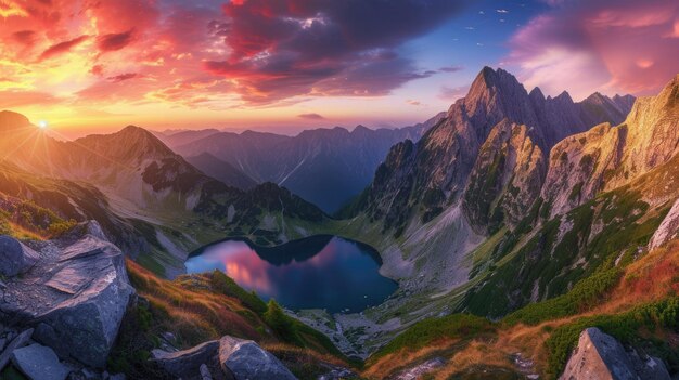 Majestic mountain range at sunset panorama resplendent