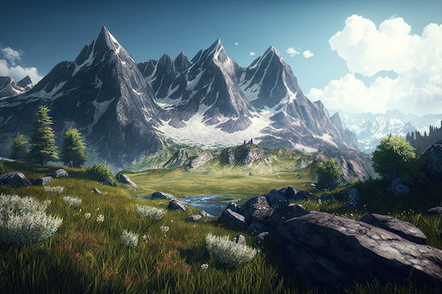 Majestic mountain range with alpine meadows in the foreground