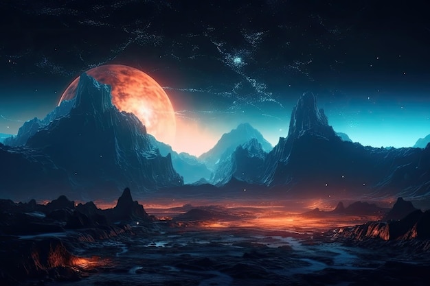 Majestic mountain range with planets visible in the night sky