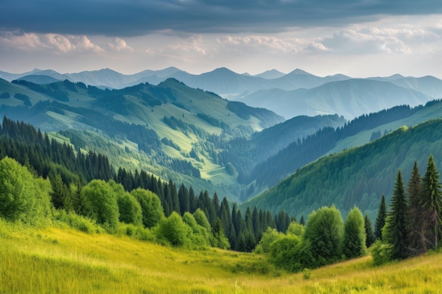 Majestic mountain range with rolling hills and forests in the foreground created with generative ai