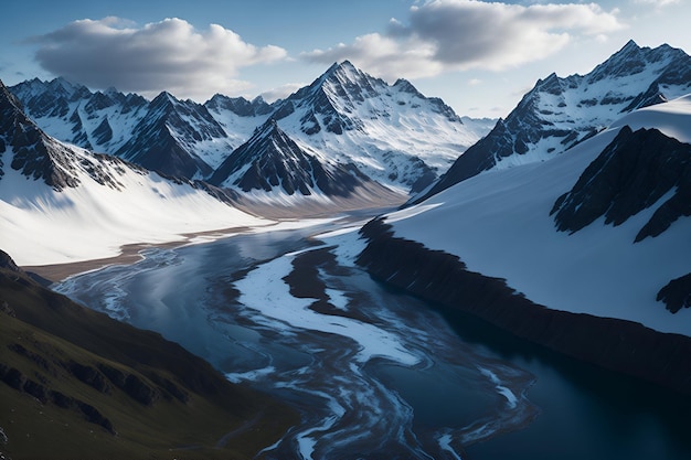 A majestic mountain range with snowcapped generated by ai