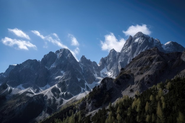 Majestic mountain range with snowcapped peaks and clear blue skies created with generative ai