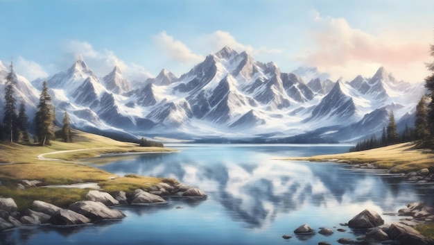 A majestic mountain range with snowcapped peaks and a tranquil lake in the foreground illustration