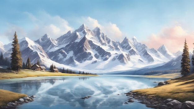 A majestic mountain range with snowcapped peaks and a tranquil lake in the foreground illustration