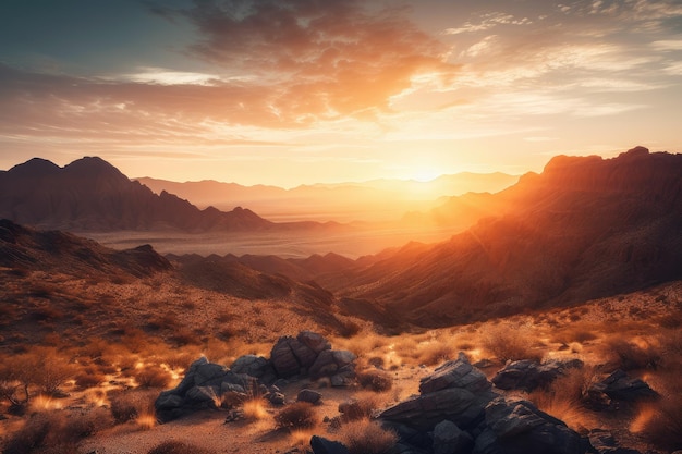 Majestic mountain range with sunrise and sunset behind surrounded by desert landscape