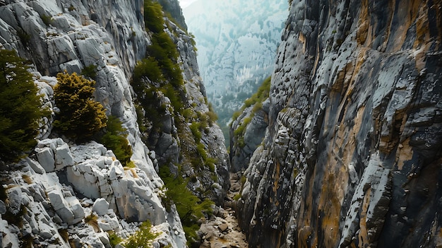 Majestic Mountain Ravine with Lush Greenery and Rugged Rocks