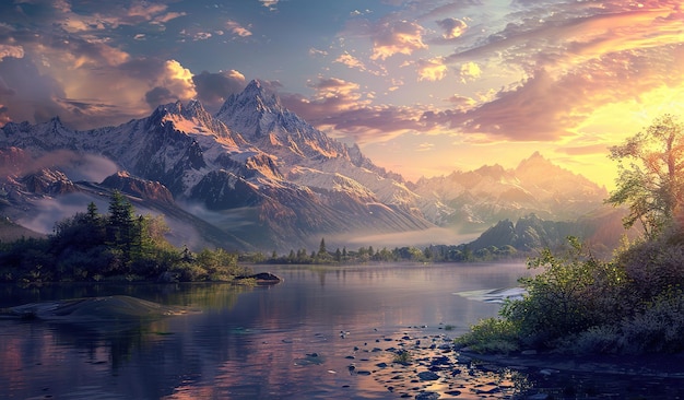 Majestic mountain sunrise over tranquil lake