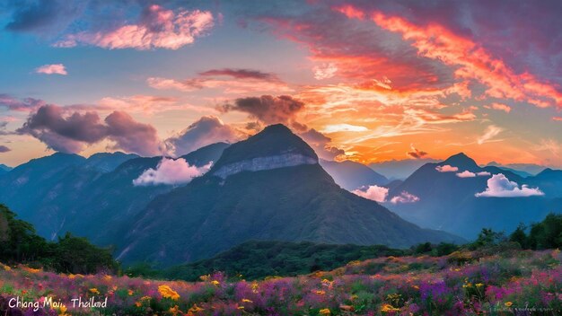 Majestic mountains landscape in sunset sky with clouds chiang mai thailand