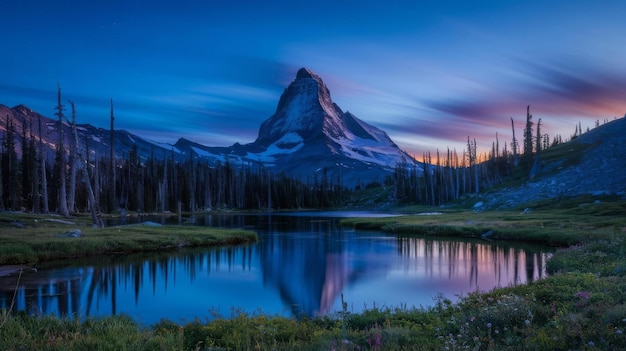 Majestic mountn peak at dusk tranquil scene generated by