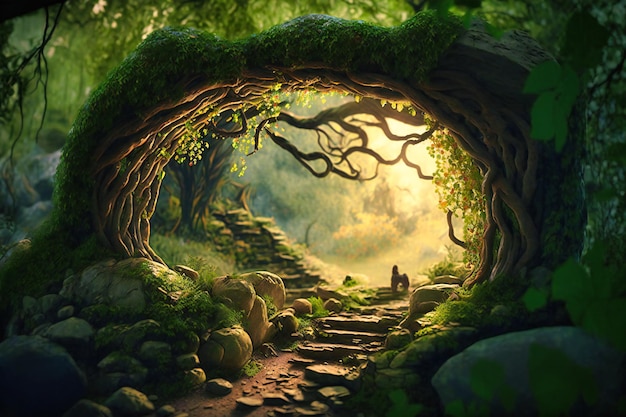 A majestic natural archway forms within the forest as intertwining branches weave together creating an enchanting passage