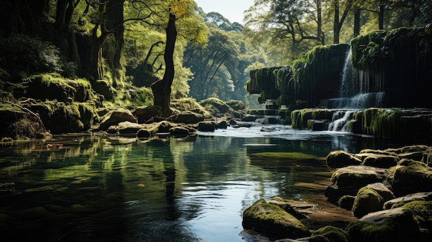 A majestic natural waterfall located in the middle of a nature reserve forest park