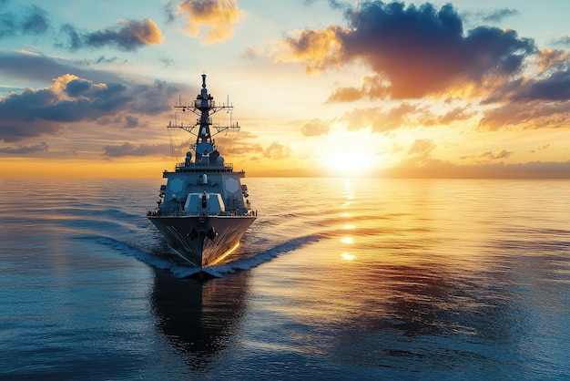 A majestic navy battleship navigates through calm waters as the sun sets casting a warm glow across the tranquil ocean surface