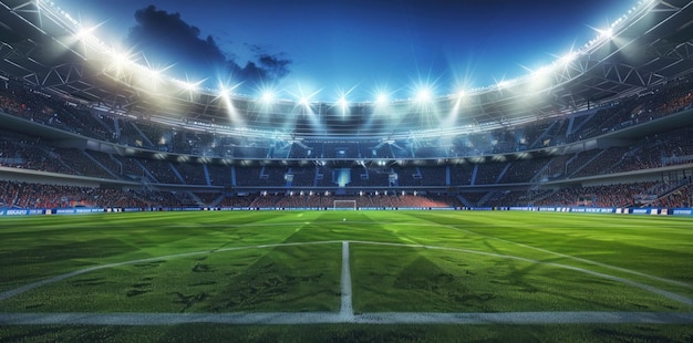 Majestic Nighttime Ambiance at Modern Soccer Stadium Illuminating Sports Passion Generative ai