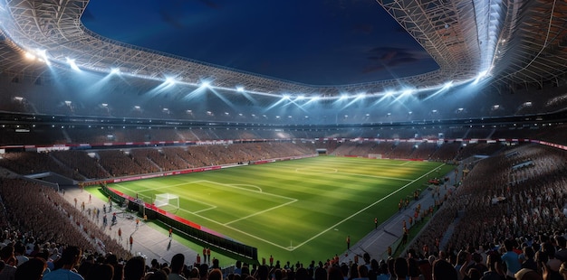 Majestic Nighttime Ambiance at Modern Soccer Stadium Illuminating Sports Passion Generative ai