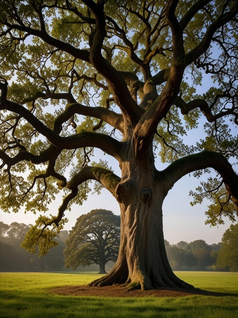 A majestic oak tree stands tall and proud its gnarled branches reaching towards the sky in a graceful dance