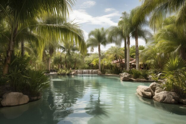 Photo majestic oasis with towering palm trees and crystalclear pools created with generative ai