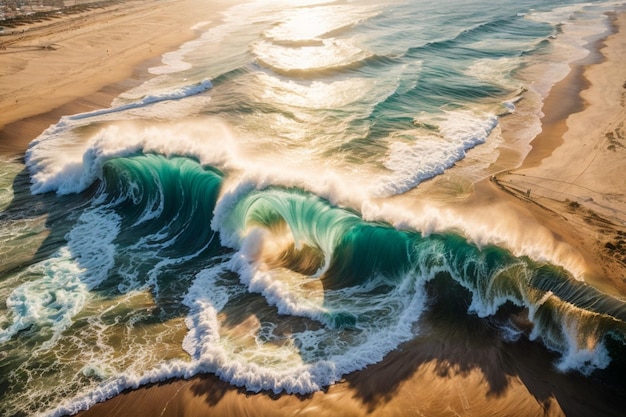 A majestic ocean wave crashing against the golden sand of a sundrenched beach seen from a topdown